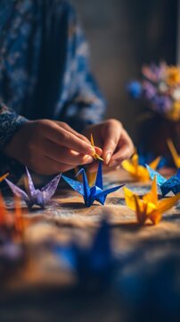 Making colorful origami cranes at a crafting session during the afternoon in a cozy workshop setting, showcasing creative skills and focus in each fold