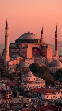 Sunset view of Hagia Sophia in Istanbul with red skies and surrounding city structures creating a beautiful scene