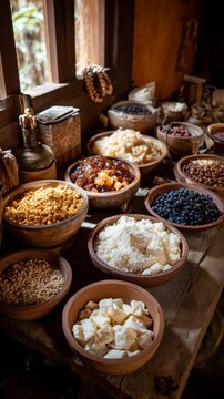 Variety of grains and dried foods displayed on wooden table near window in traditional setting in the afternoon light
