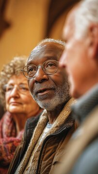 Group of older adults engage in conversation while listening to a speaker in a warm indoor setting during an afternoon event