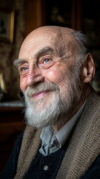 Elderly man smiles warmly while sitting indoors during the day with soft light highlighting his face and features