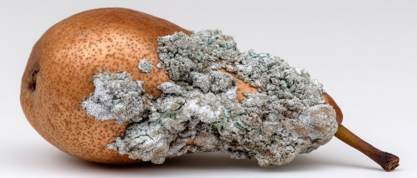 Rotten pear with mold showing clear signs of decay isolated on a plain background captured in sharp detail