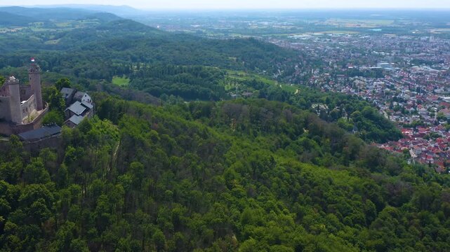 Aerial view of the castle Schloss Auerbach beside the city Auerbach in south Germany. On a sunny day in Summer.