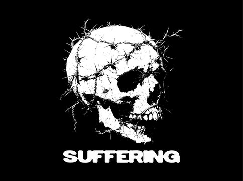 Barbed Wire Skull Grunge Monochrome T-Shirt Graphic. High-contrast monochrome skull wrapped in barbed wire with gritty distressed texture on black background. Vector illustration for t-shirt, poster