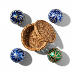 Woven Basket and Ornaments Overhead Shot Christmas Holiday Decor