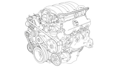 Obraz premium V6 Engine Line Art Engineering Technical Drawing on White Background