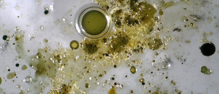 Christmas tree pollen observed under a microscope reveals yellow and green circular shapes with wood and black spores on a gray background