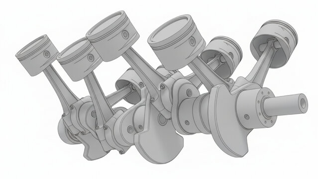V8 Engine Crankshaft and Piston Assembly CAD Engineering Technical Illustration on White Background