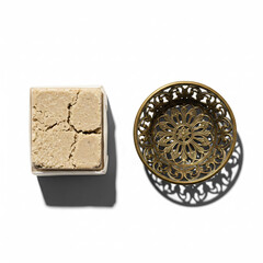 Natural Bar Soap and Ornate Vintage Brass Soap Dish High Key Studio Shot