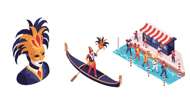 Isometric carnival scenes with masked performer and gondola