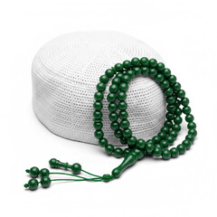 White Kufi Islamic Prayer Cap and Green Tasbih Prayer Beads Studio Shot
