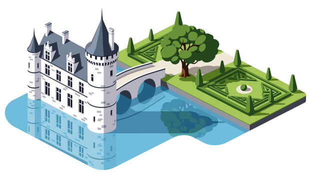 Isometric medieval castle with vibrant gardens and reflective moat