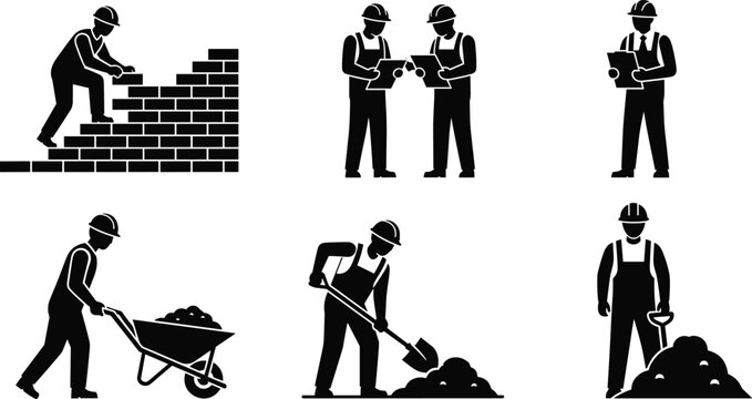 Construction worker icons set including bricklayer builder foreman with clipboard masonry labor manual work shovel wheelbarrow and site engineering industry silhouettes