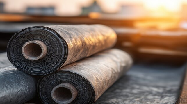 Rolls of black bitumen roofing material for waterproofing during sunset on a roof