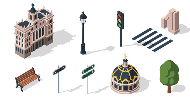 Isometric urban elements: architecture, street furniture, and signage overview