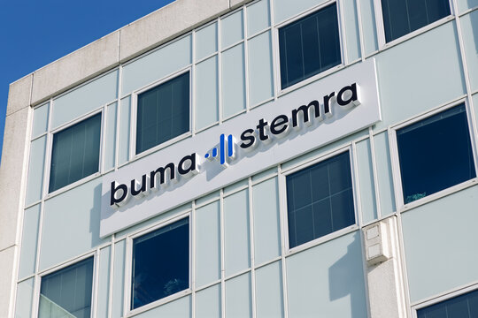 Modern office building of Buma Stemra in Hoofddorp, Netherlands. Exterior view of the copyright organization headquarters under a clear blue sky. Hoofddorp, Netherlands. 8 February 2026.