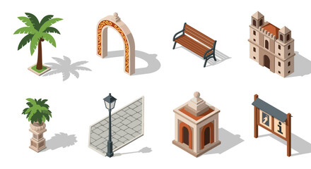 Isometric urban elements: palm, bench, arch, lamp, paving, building, kiosk, sign