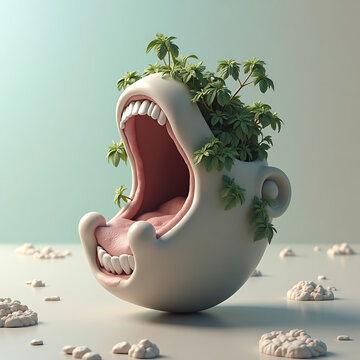 Surreal 3D render of a whimsical, plant-filled, open-mouthed ceramic pot with a playful, cartoonish design and light pastel background