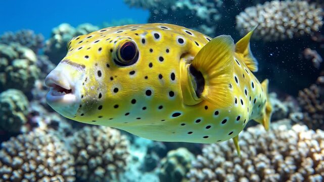 Yellow Boxfish Close Up Underwater, Spotted Tropical Reef Fish Macro, Marine Wildlife Background