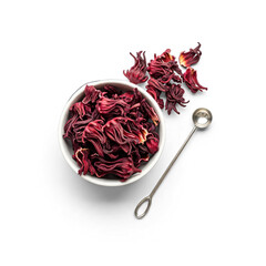 Dried Hibiscus Sabdariffa Flowers and Calyx in White Bowl with Spoon