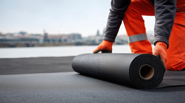 Roofer in orange workwear unrolling black bitumen membrane for waterproofing rooftop