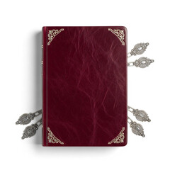 Luxurious Deep Red Leather Book Ornate Metal Bookmarks Isolated on White