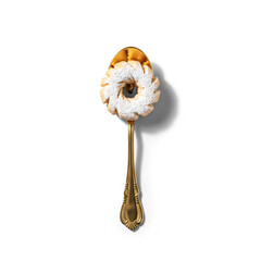 Shortbread cookie with powdered sugar on a golden spoon isolated white background