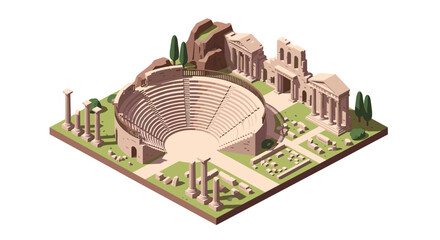 Naklejka premium Ancient theatre and ruins in isometric style with historical architecture