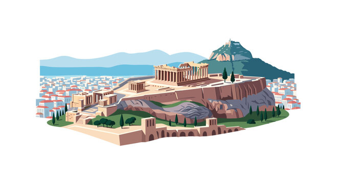 Ancient greek parthenon with cityscape and mountain