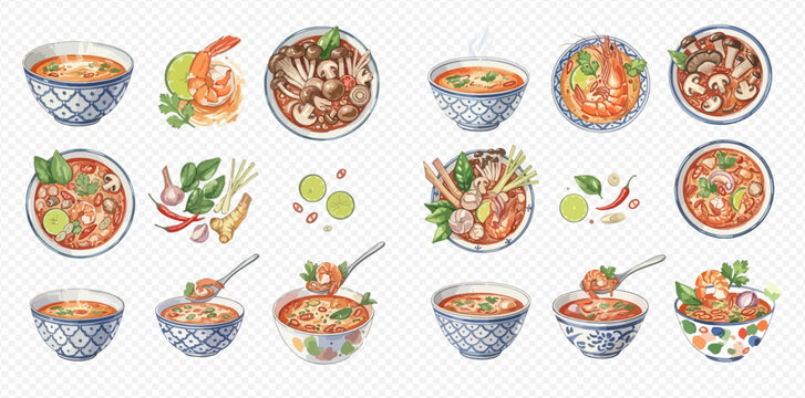 Watercolor illustration set of delicious Thai Tom Yum soup with various ingredients and bowls on a transparent background.