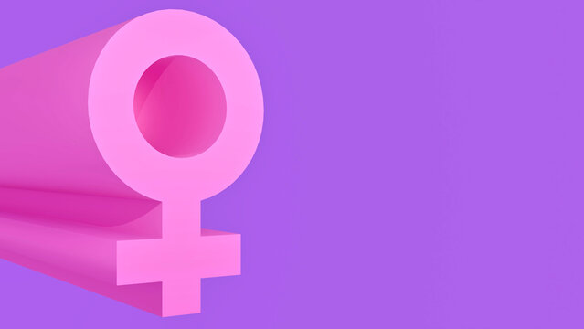 Dynamic 3D pink female symbol emerging from purple backdrop signifies advancing feminism, equality drive, and empowerment against patriarchy. Great for motivational posters.