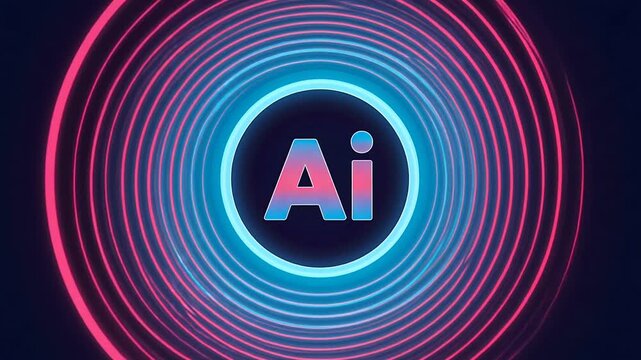 Ai text logo with neon circular light rings on dark background
