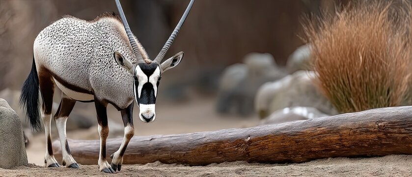 Oryx stands on dirt ground at zoo under warm natural light, showcasing its unique horns and fur pattern while observing surroundings