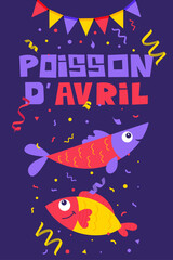 Fototapeta premium Affiche verticale Poisson d’avril avec poissons illustrés, fanions et confettis sur fond violet. Idéale pour réseaux sociaux, affiche événementielle et communication festive du 1er avril.