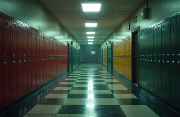 Obraz premium Empty school corridor with rows of colorful lockers. Checkerboard floor reflects ceiling lights. Dim lighting creates a sense of isolation and abandonment.