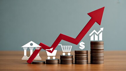 Business growth concept with red arrow and stacked coins on table
