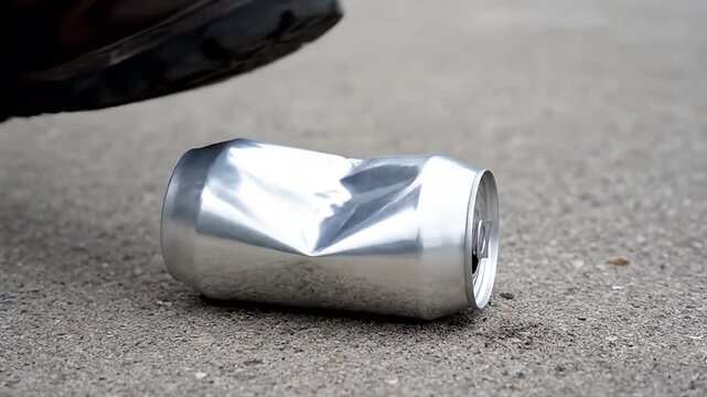 A discarded silver aluminum beverage can, crumpled and dented, rests on a grey asphalt surface with a dark shoe partially visible.