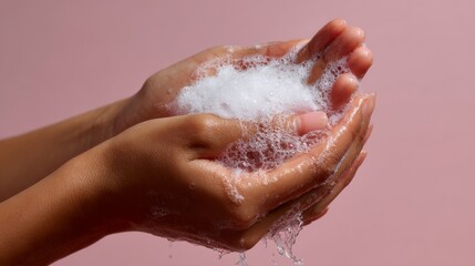 Fototapeta premium woman washing her hands with soap in a studio setup