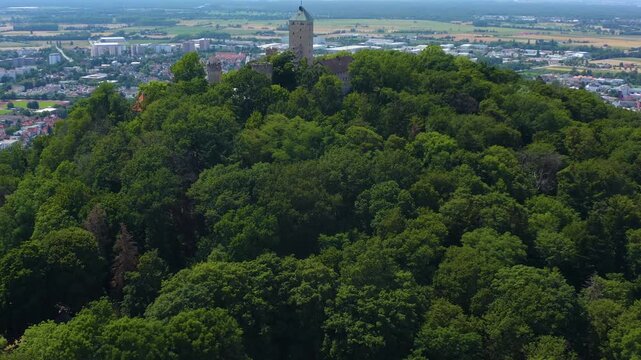 Aerial view of the castle Starkenburg beside Heppenheim in Germany. On a sunny day in Summer. 
