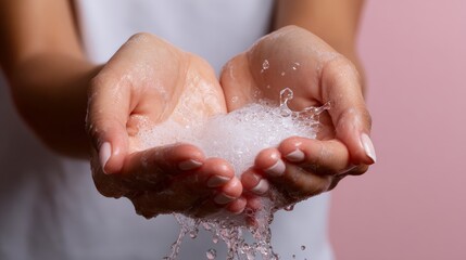 Fototapeta premium woman washing her hands with soap in a studio setup