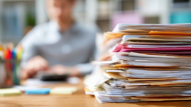 Large stack of paper documents and folders on a wooden office desk with a blurred worker
