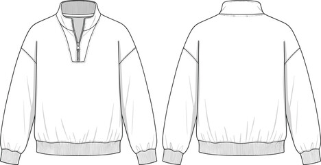White oversized quarter zip sweatshirt technical sketch with high collar and ribbed cuffs for streetwear fashion design mockup and template, © Gauranga
