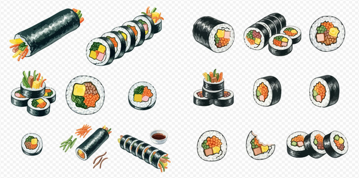 Set of hand-drawn Korean gimbap rolls and slices, traditional Asian food with various ingredients.
