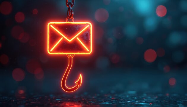Neon email icon hangs from chain with fishing hook below. Symbolizes cyber threats, phishing scams and digital danger. Cyber attack risk concept.