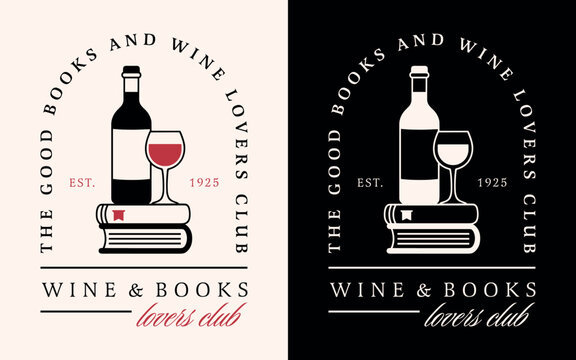 Wine and books lovers girls night funny book club shirt design reading group bottle glass logo. Black and red fancy dark academia romance aesthetic illustration for party invitation card poster print.