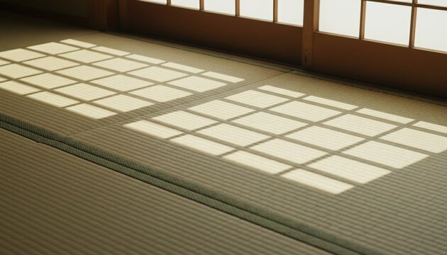 Shoji window projecting gentle geometric shadows onto a tatami mat, with ample space for text. Minimalist Japanese interior design perfect for editorial and creative layouts.