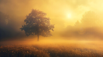 Lonely tree in golden fog at sunrise, atmospheric autumn or morning nature landscape photography

