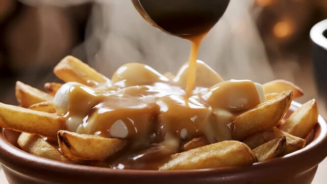 Traditional Canadian Poutine Pouring Hot Gravy over Cheese Curds 4K Video