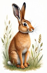 Watercolor illustration of a cute brown hare sitting in green grass. Animal artwork with soft brush strokes and natural colors. Perfect for children books posters or greeting cards.