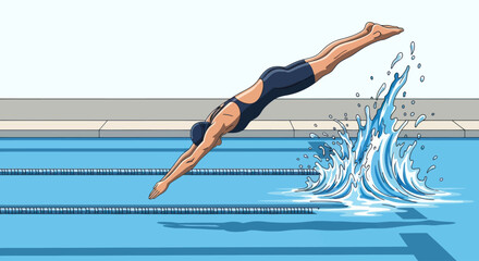 Female swimmer dives into a swimming pool with a powerful water splash.